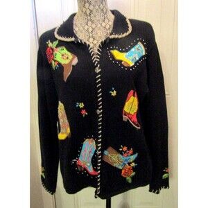 Vintage Arriviste Cardigan Sweater Western Cowboy Boots Beaded Womens Size L